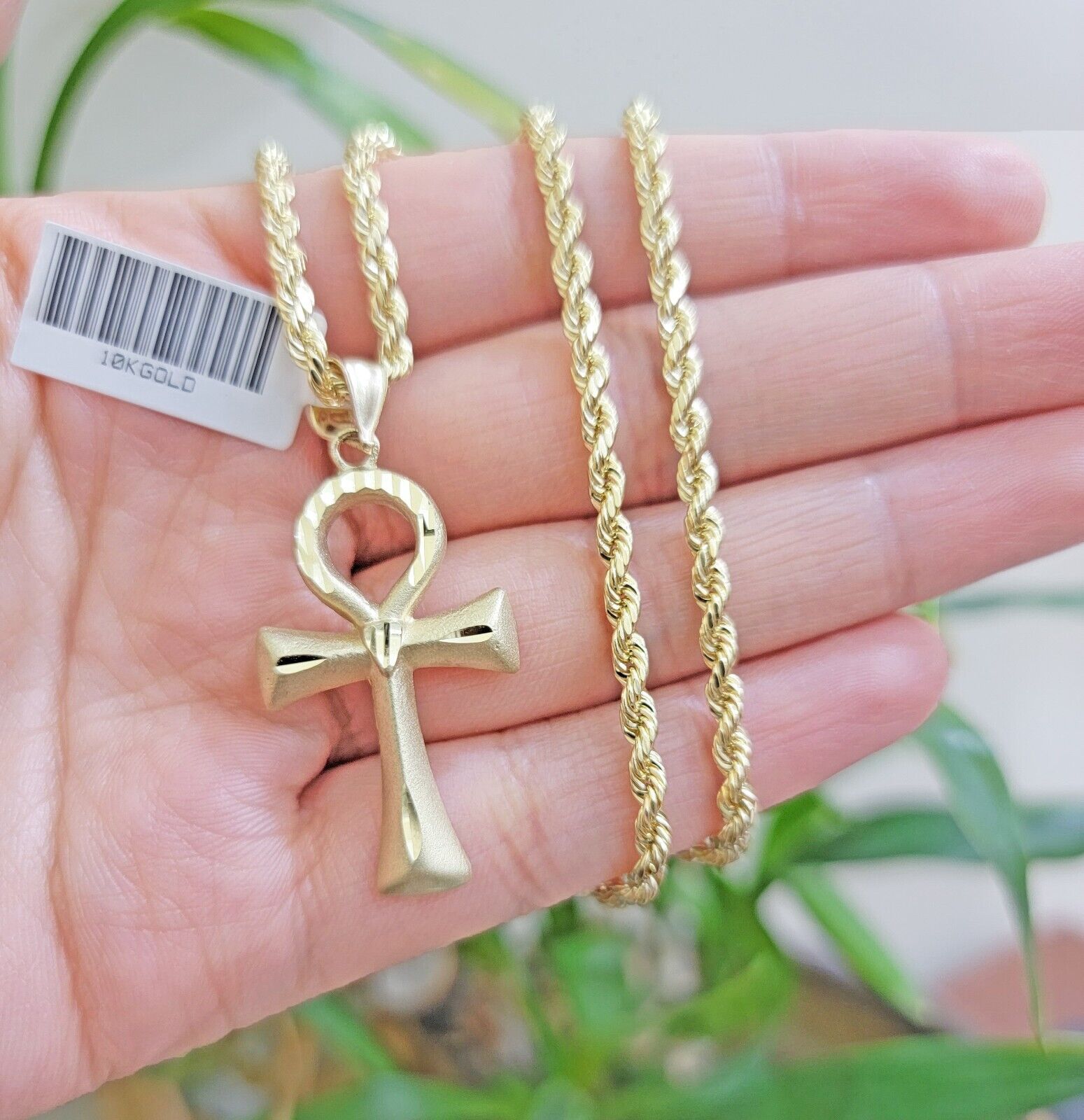10k Gold Rope Chain Ankh Cross Charm Pendant Set 18" Inch 3mm Necklace, REAL SET - GoldenlinQ
